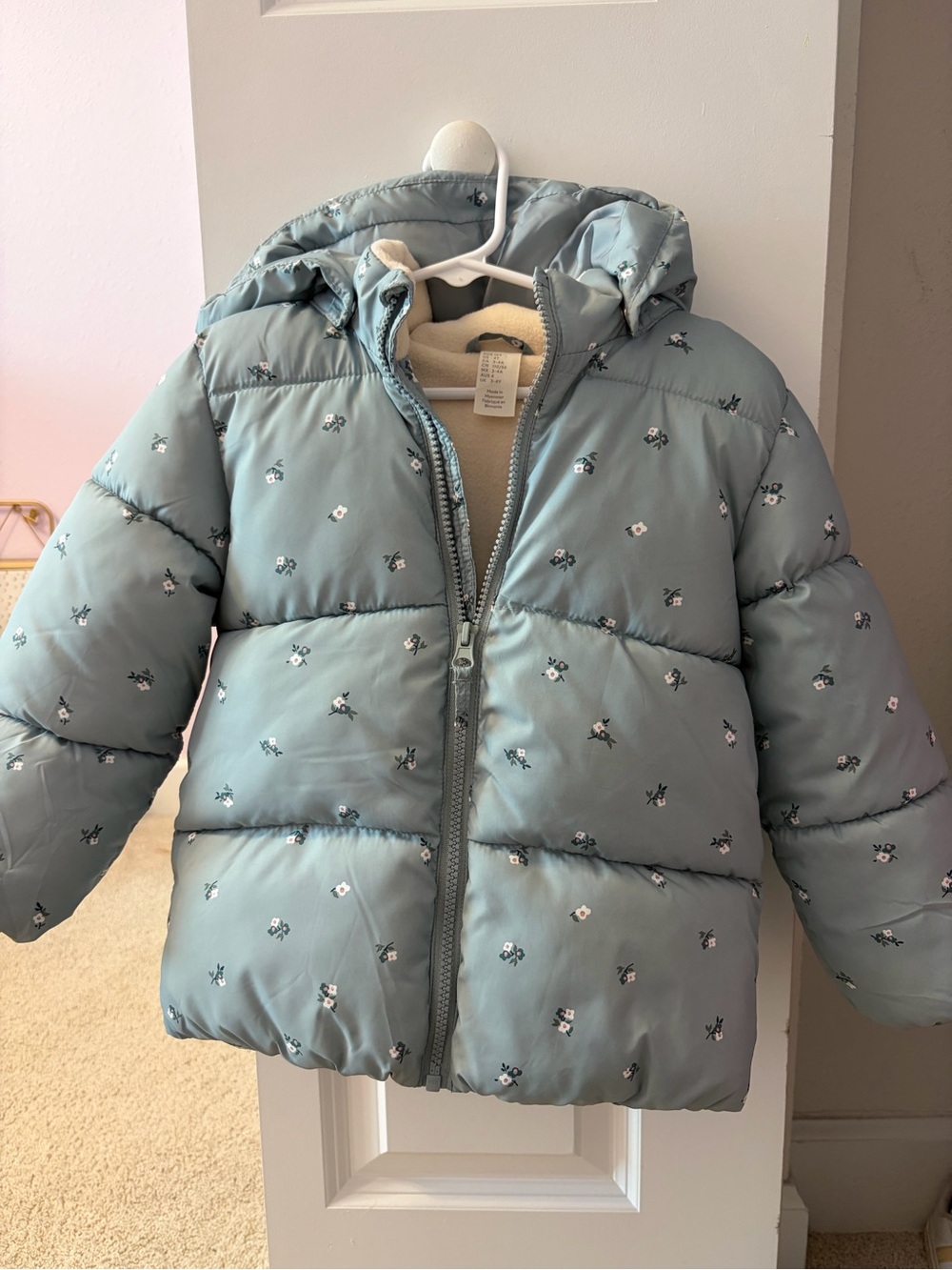 Kids Light Blue Puffer Jacket with Floral Print